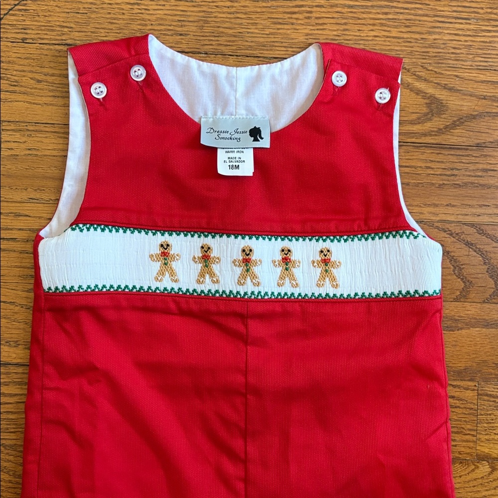 Red Kids One Piece with Gingerbread Smocking Embroidered Detail Size 18mo